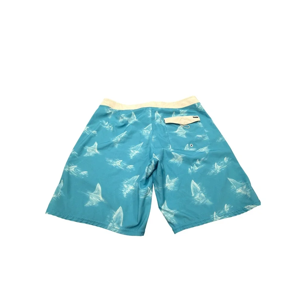 RVCA Board Shorts Mens 34 Turquoise Blue Shark Fin Print Stretch Surf Swim Trunk